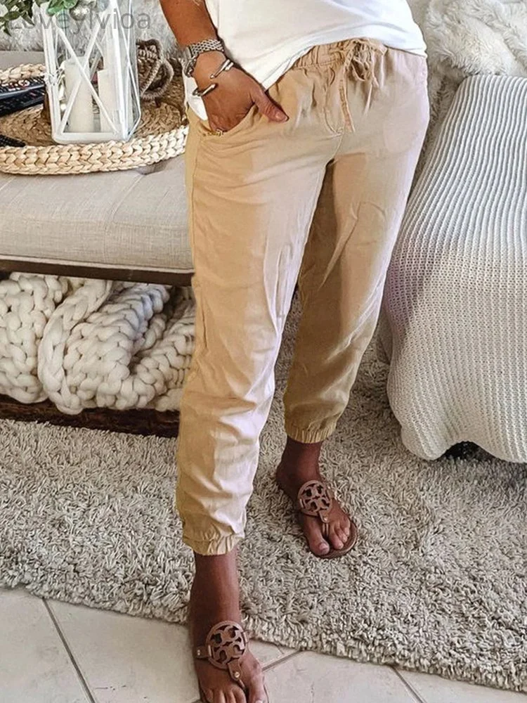 Solid Color Pockets Drawstring Casual Pants