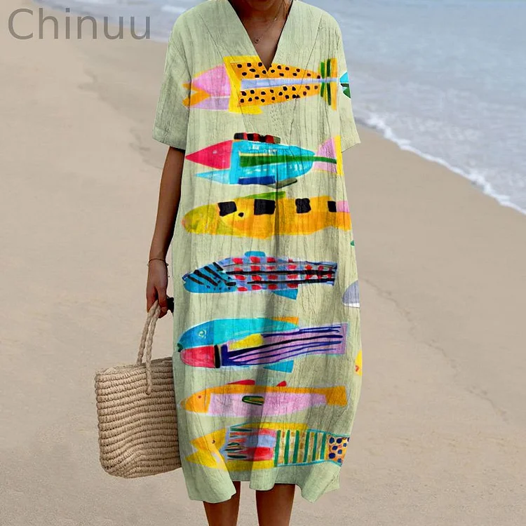 Women's Vintage Colorful Fish Printed Casual Midi Dress