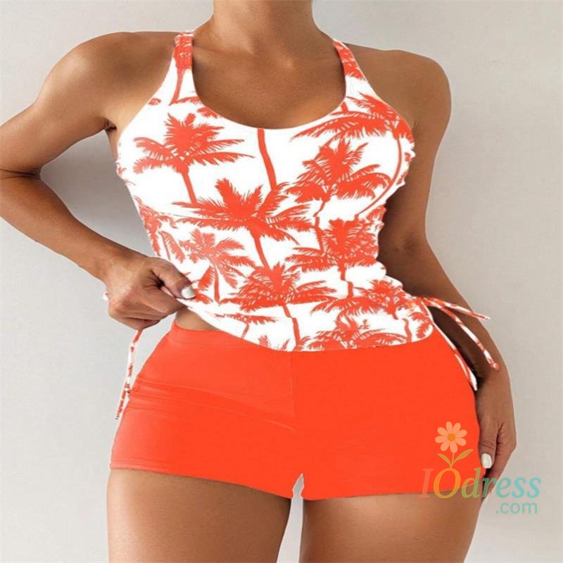 IO Dress 2025 Summer Coconut Print Tankini Set Women's High Waist Swim Top & Boyleg Shorts Sexy Two Piece Swimwear for Beach Clothes New