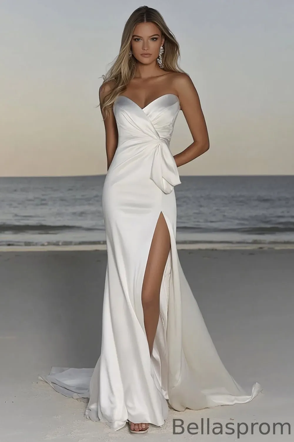 Bellasprom Sweetheart Strapless Satin Beach Wedding Dress Long With Split