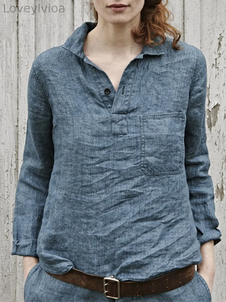 Vintage Lapel Collar Long Sleeve Linen Cotton Tunic
