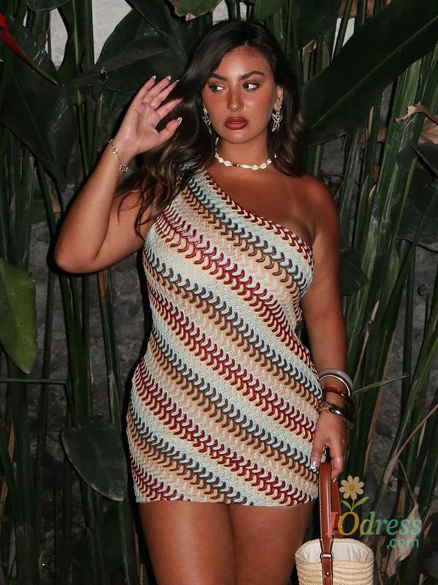 IO Dress Irregular Printed Knitted Mini Dress For Women Chic Backless Slanted Shoulder Slim Fit Dresses 2025 Summer Holiday Beach Robes