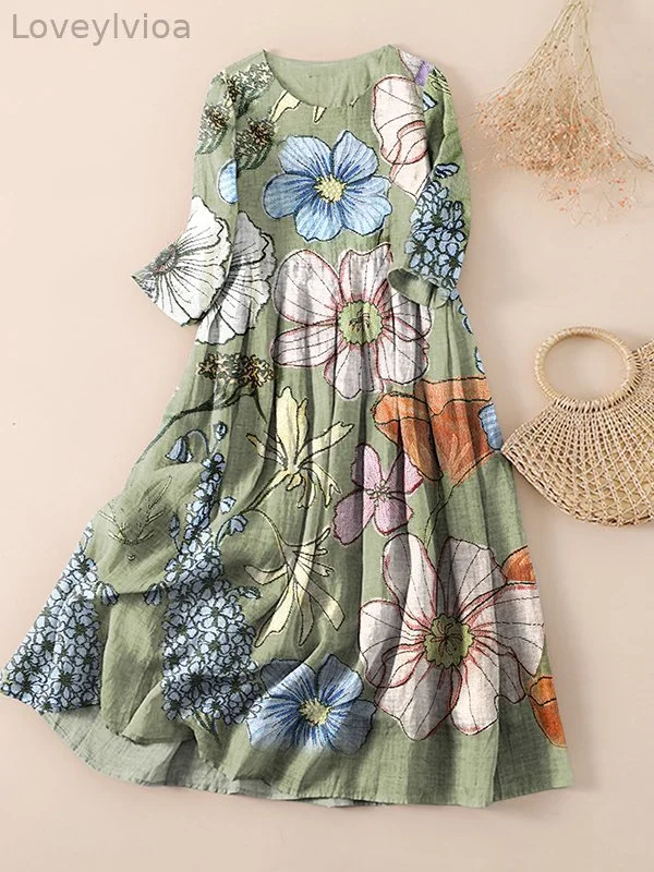 Women's Retro Spring Boho Flowers Art Print Casual Maxi Dress