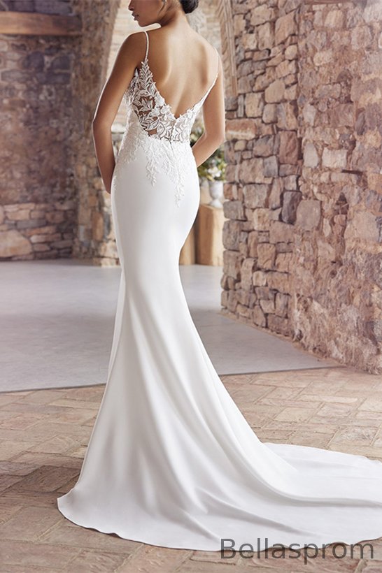 chinese dress ladies Zapaka Women Corset Wedding Dress Spaghetti Straps Appliqued V Neck Mermaid Ivory Long Bridal Dress, Ivory / US4 main image 1