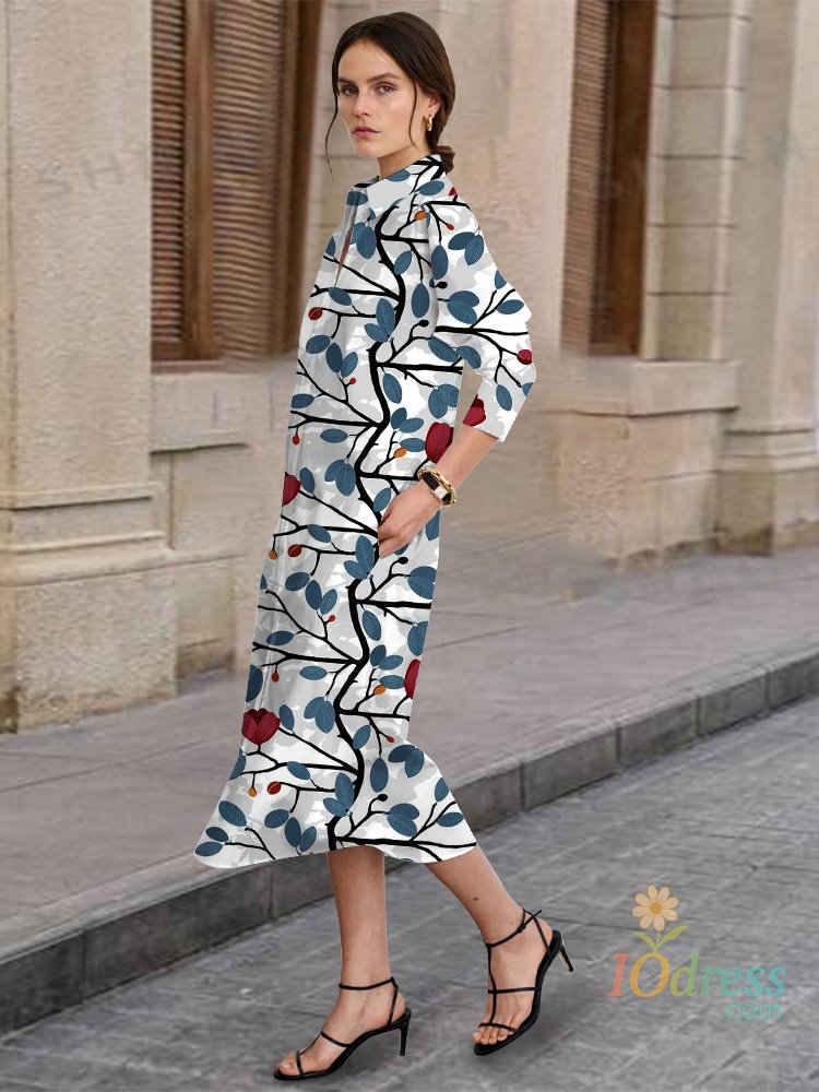 IO Dress Spring and Autumn New Women's Long-Sleeved Lapel Dress Daily Urban Street Casual Fashion Button-Down Shirt Dress Creative Print