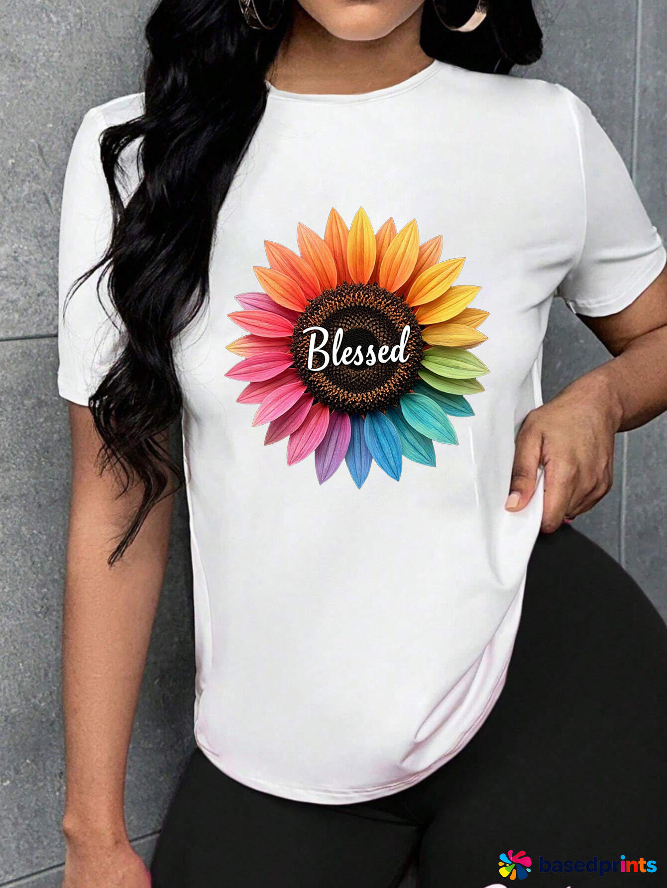 White Short Sleeve T-Shirt with Colorful Sunflower Print