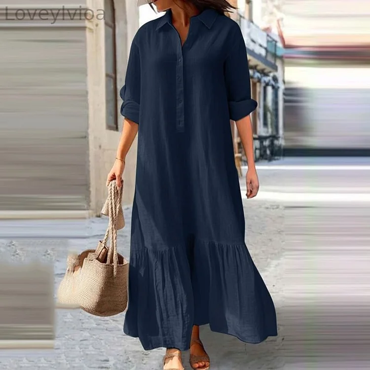 Solid Casual Shirt Collar Long Sleeved Maxi Dress