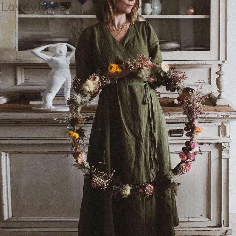 Solid Color Cotton Linen Strappy V-Neck Maxi Dress