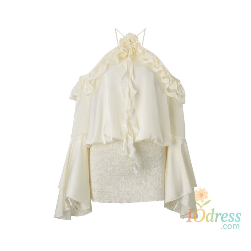 IO Dress Combhasaki Women Summer Chic Fairy Halter Cold Shoulder Flare Long Sleeve Lace-up Backless 3D Flower Ruffled Smocked Party Dress