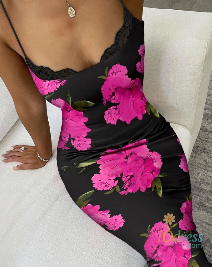 IO Dress Elegant Women's Dresses Casual Vacation Floral Print Lace Trim Fashion Temperament U-Neck Maxi Bodycon Dress Summer 2024 New