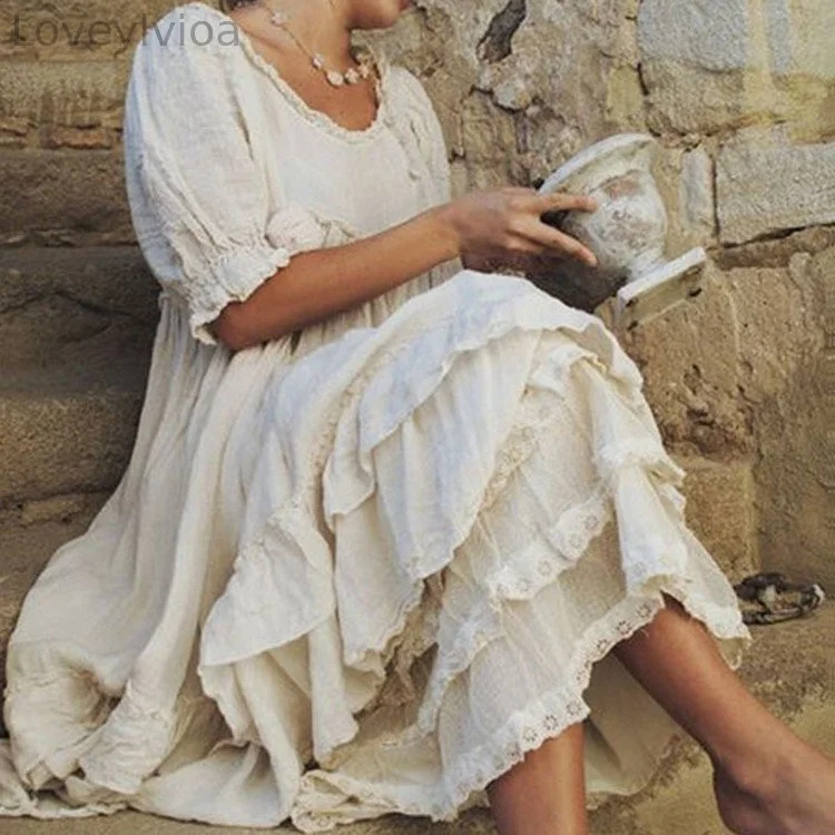 Vintage Stringy Selvedge Short Sleeve Comfy Maxi Dress