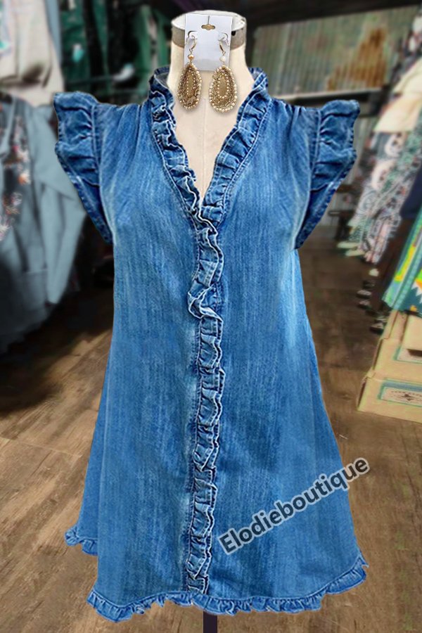 green emerald velvet dress Denim V-Neck Puff Sleeve Dress – OTBFASHIONS main image 0