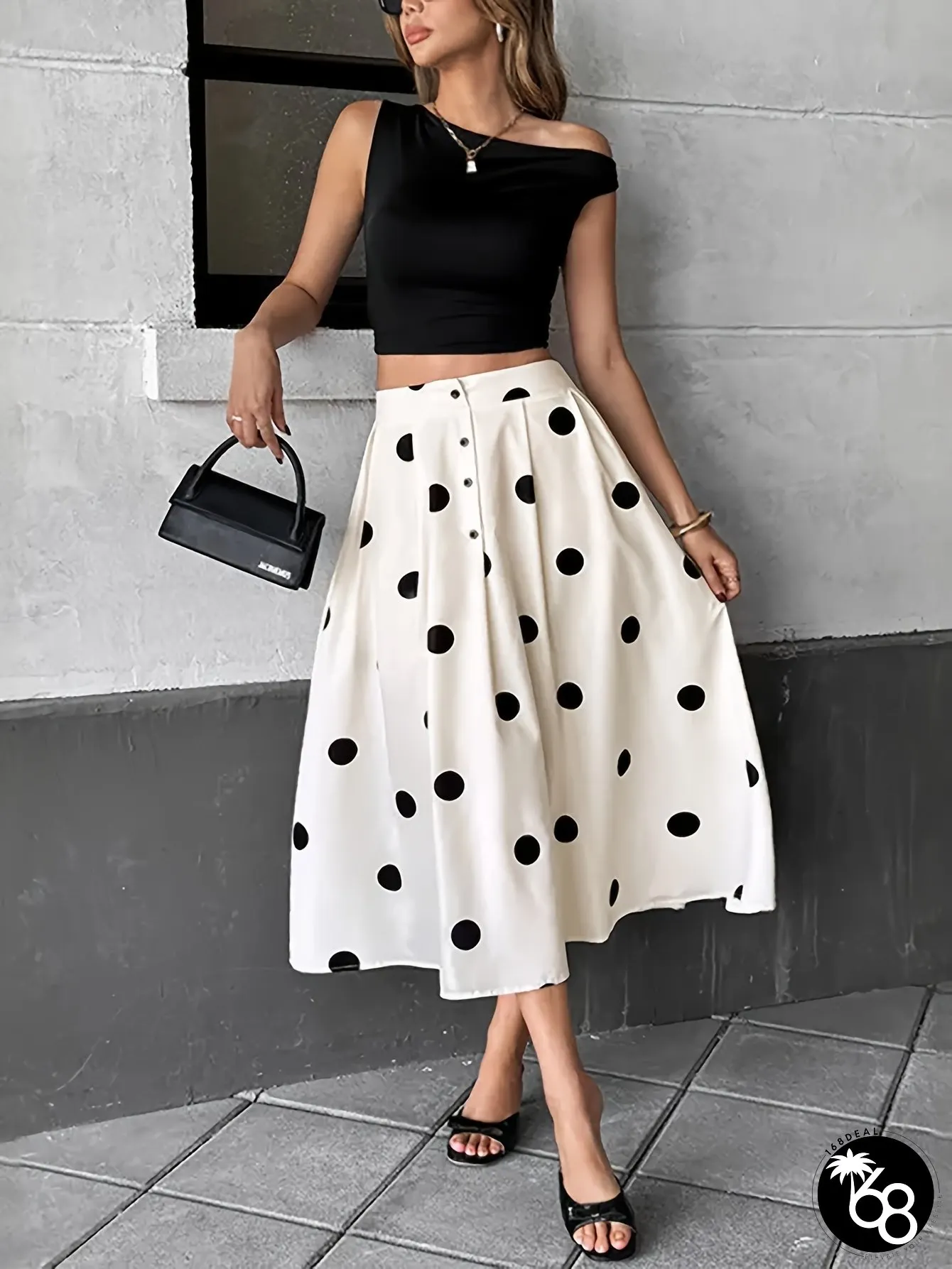 Spring Summer New Collection High-Waist Button-Front Pleated Skirt Polka Print White | 168DEAL