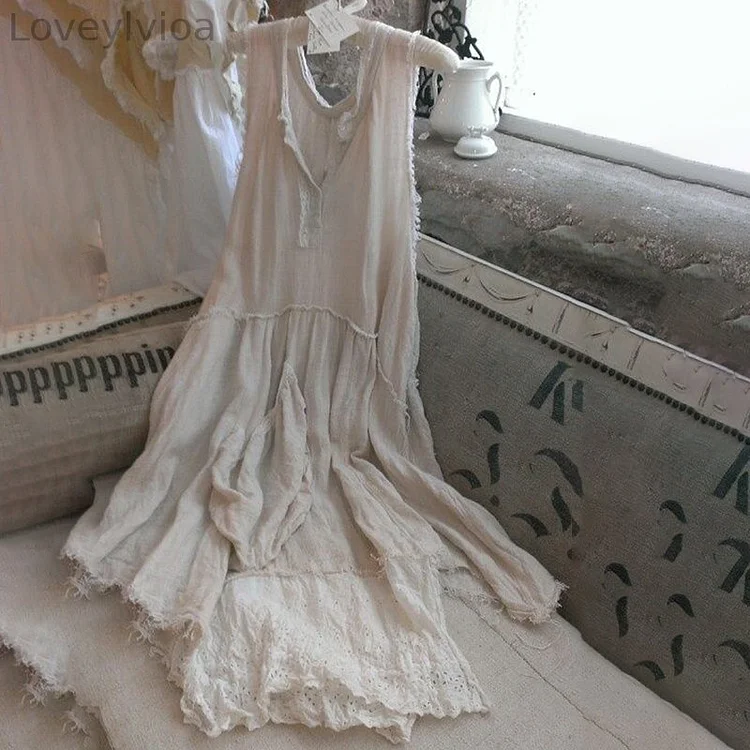 Vintage Patch Work Cotton Linen Round Neck Comfy Midi Dress