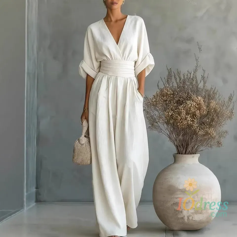 IO dress Elegant Solid High Waist Rompers Casual Wide Leg Pants Pocket Overalls Vacation Outfit 2026 Spring Deep V Neck Women's Jumpsuits IO Dress