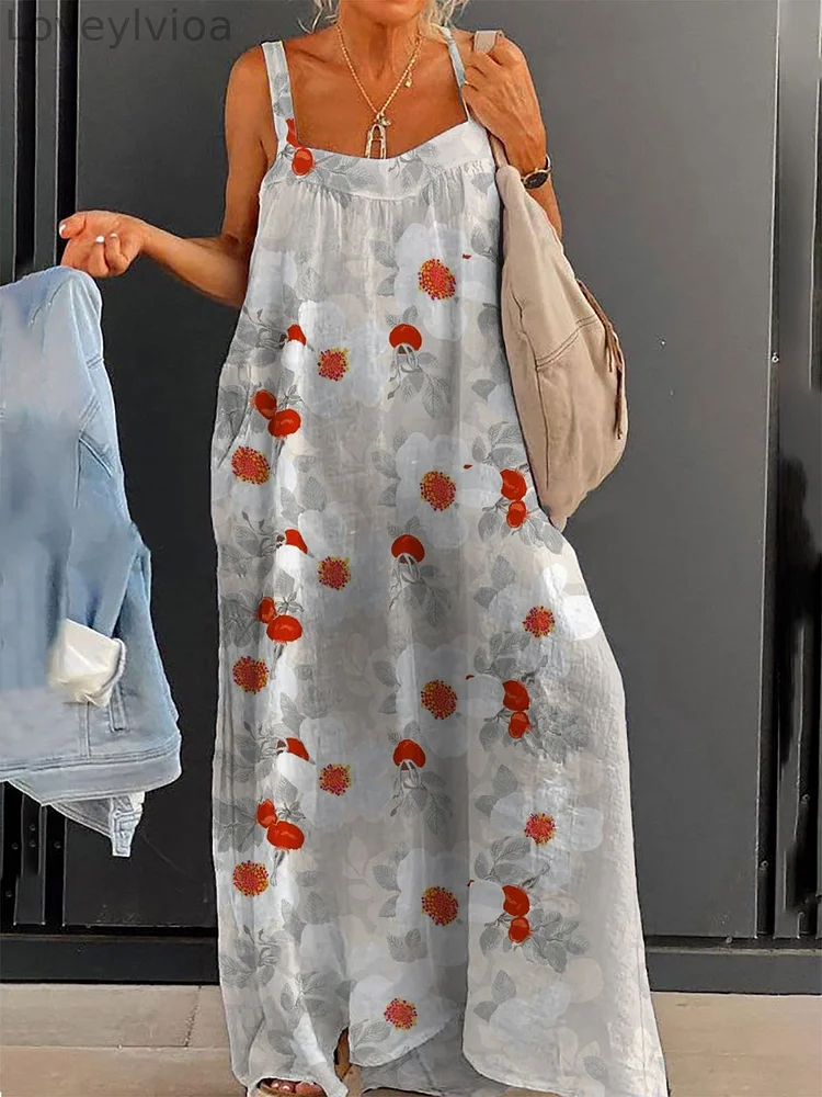 Women's White Flower Art Print Large Size Loose Strap Print Dress Long Skirt