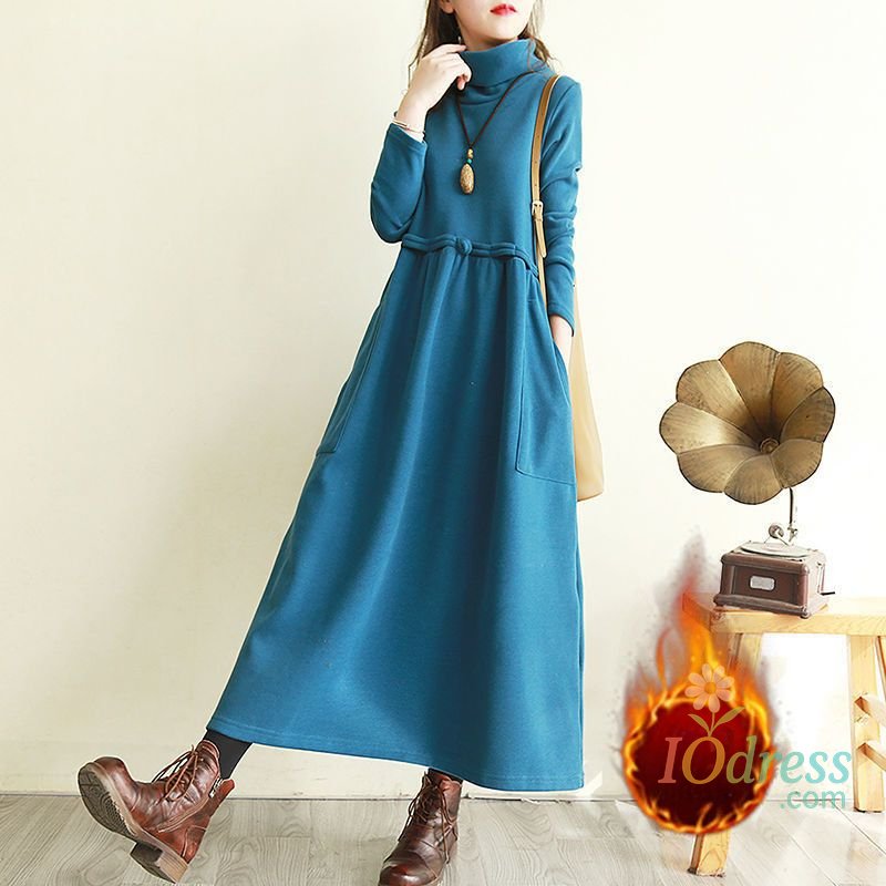 IO Dress Vintage Plus Fleece Autumn Winter Midi Dress Women Fashion Casual Turtleneck Over the Knee Solid Loose Temperament Long Dresses