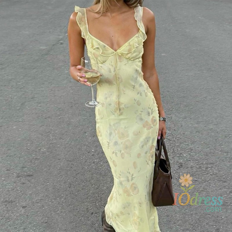 IO Dress Retro V Neck Maxi Dresses Women Sexy Flower Print Sleeveless Backless Slim Female Dress Elegant High Waist Holiday Lady Vestidos