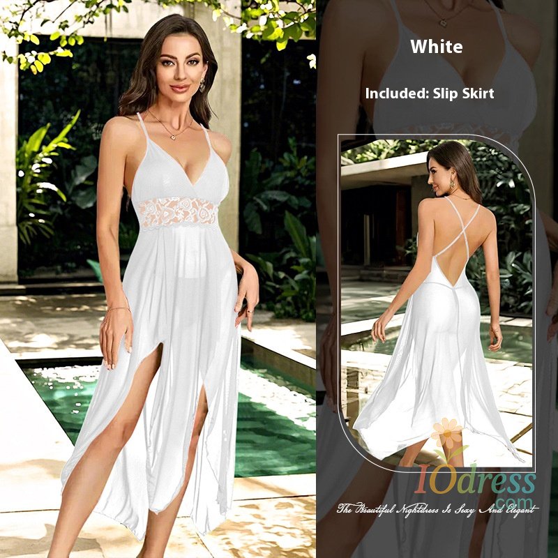 IO Dress Women's Sexy Summer Europe and the United States Mesh Dress Dress Dinner V-Neck a Word Sleeveless Irregular Hem Pajamas Homewear