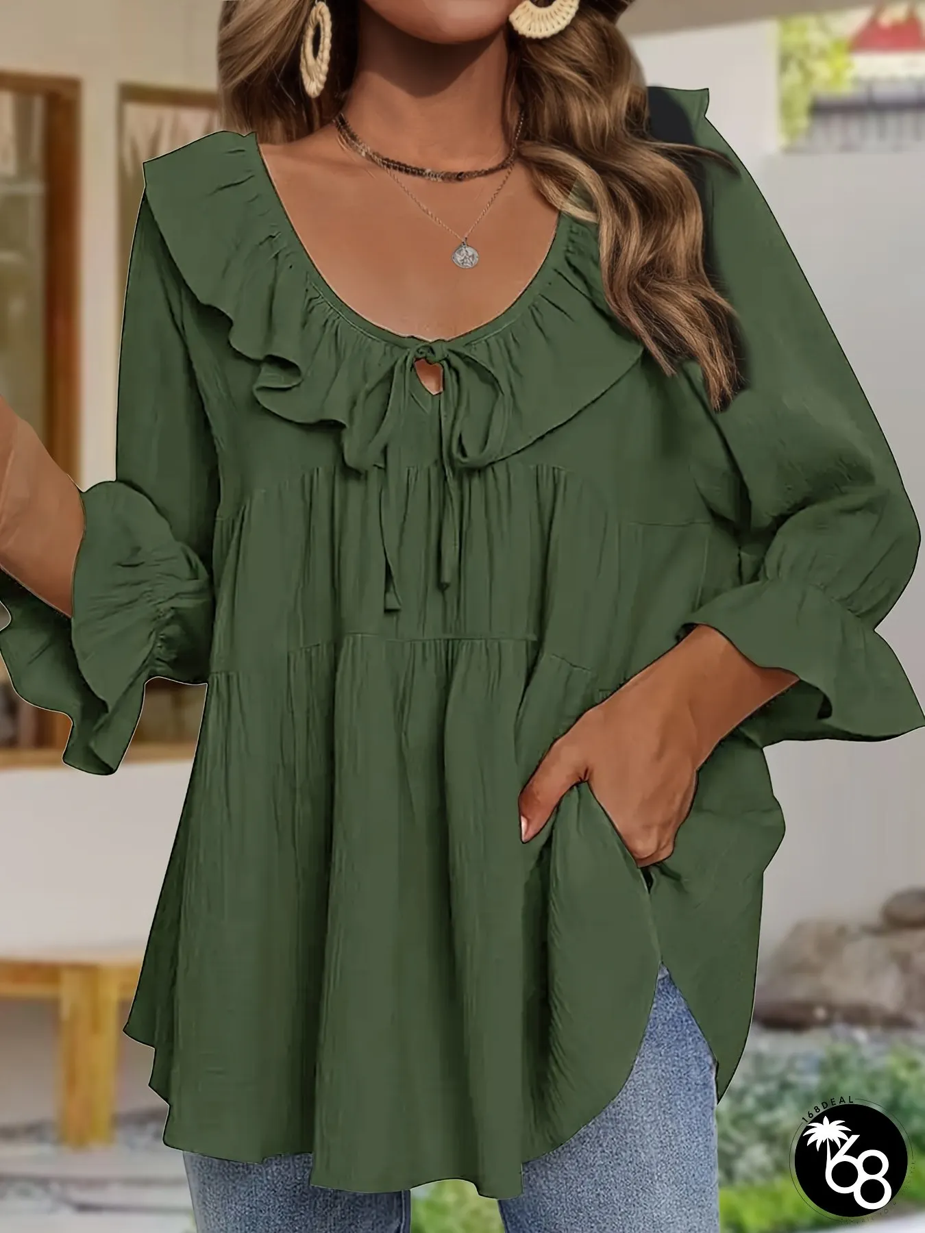 Womens Plus Size Elegant Blouse with Ruffle Trim Tie Front and Bow Detail Loose Fit Long | 168DEAL