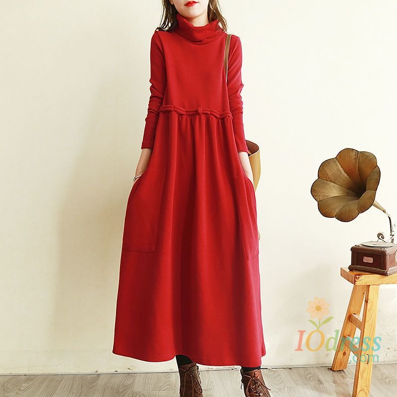 IO Dress Vintage Plus Fleece Autumn Winter Midi Dress Women Fashion Casual Turtleneck Over the Knee Solid Loose Temperament Long Dresses