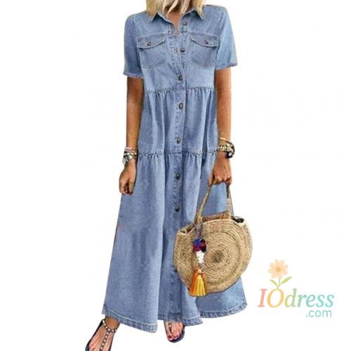 IO Dress Retro Women Dresses 2022 Short Sleeve Turn Down Collar Pockets Button Long Loose Denim Dress Summer Long Dress