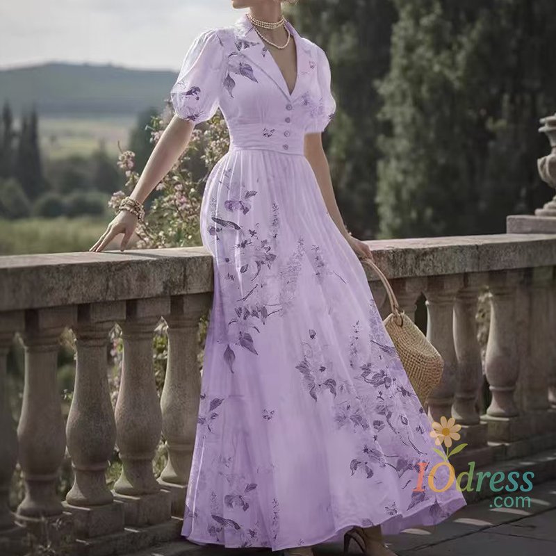 IO Dress Fashion Flower Print High Waist Holiday Dress New Summer Puff Sleeve Pleated Women's Dress Casual Lapel Prom President Dresses