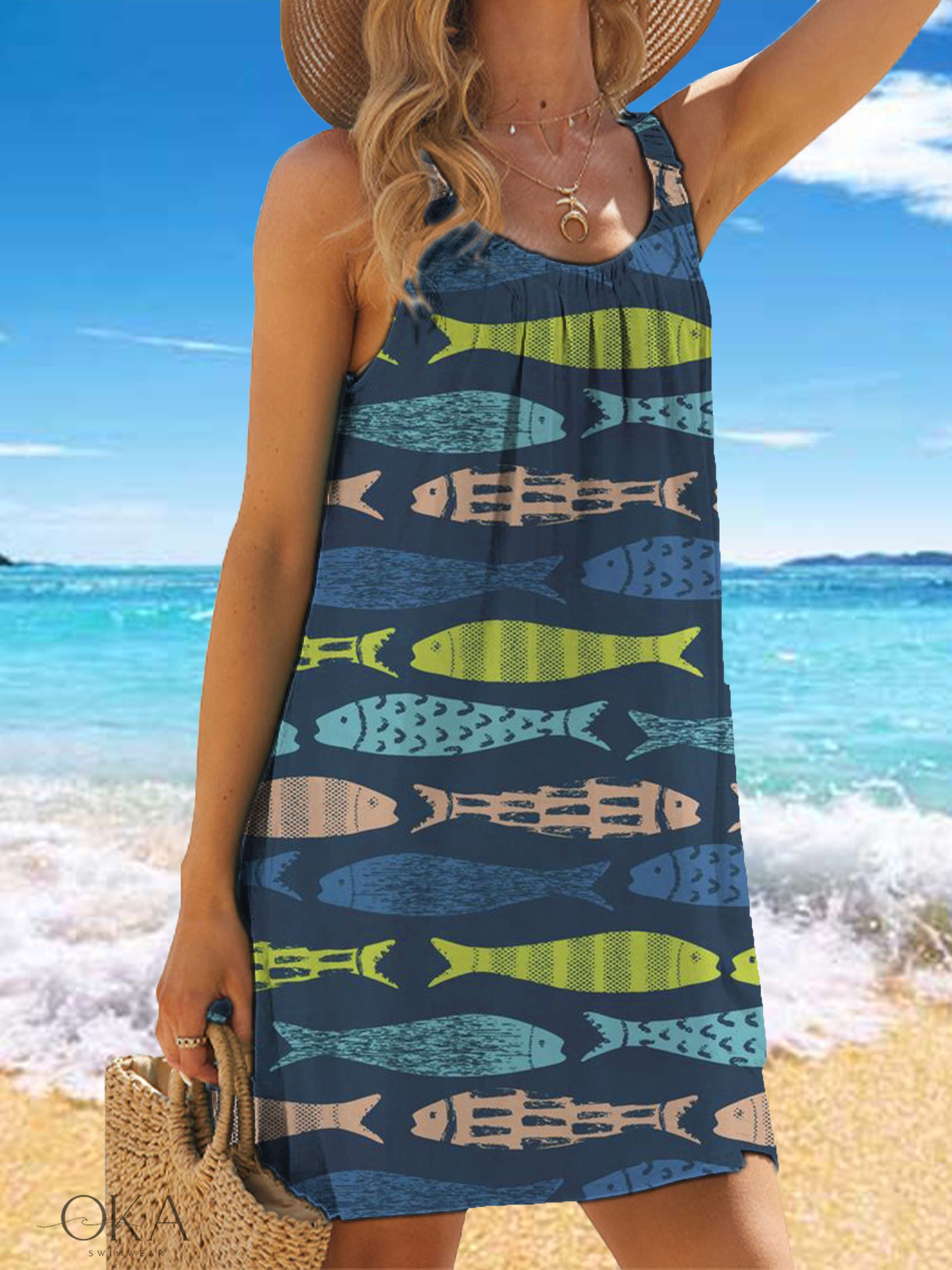 Set of 6 Salt And Sea Sequenced Fish Printed Short Dress(S, M & L)