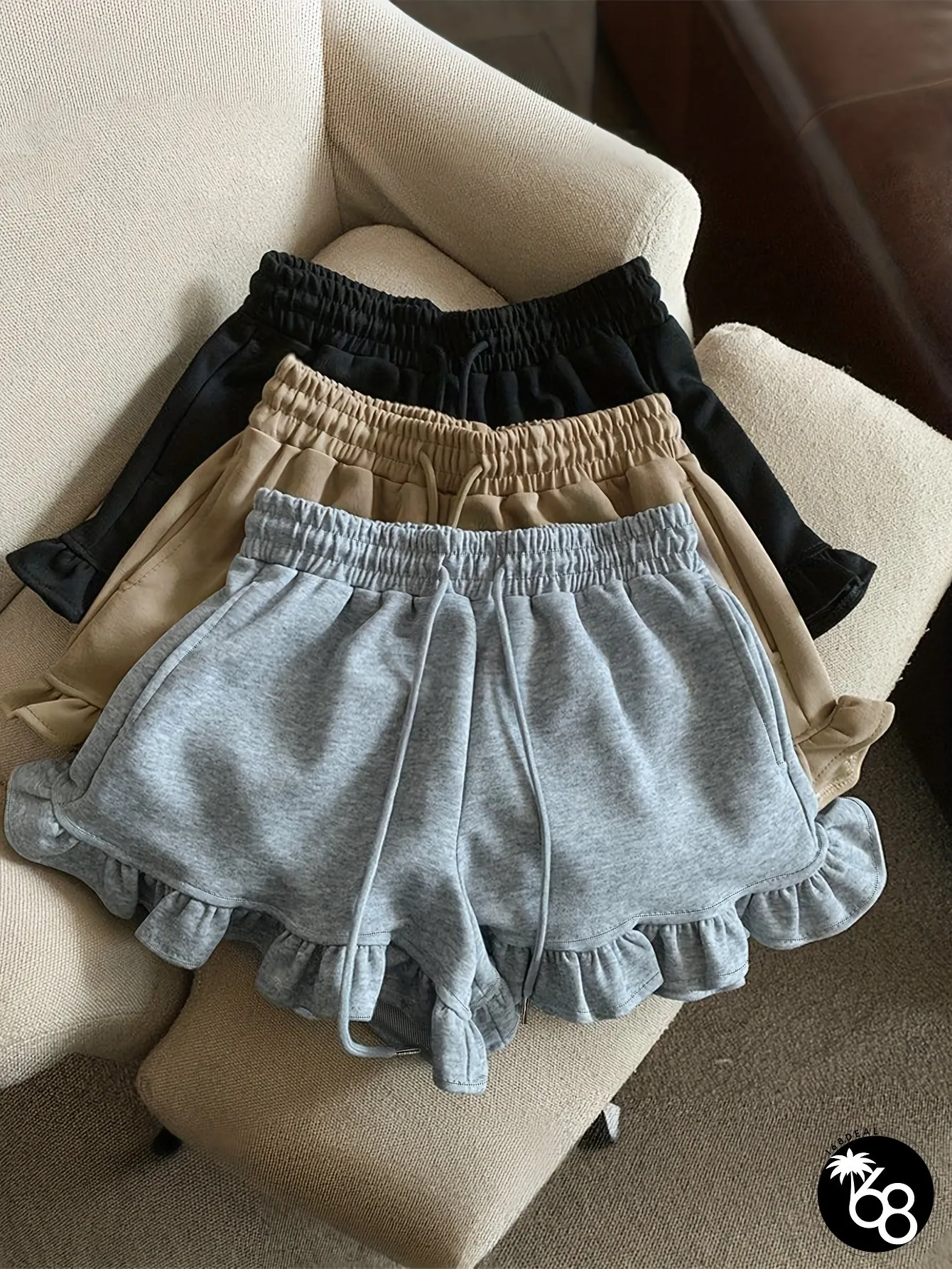 Womens Casual Drawstring Shorts Set Comfortable High-Waisted Elastic Waistband Solid Color | 168DEAL