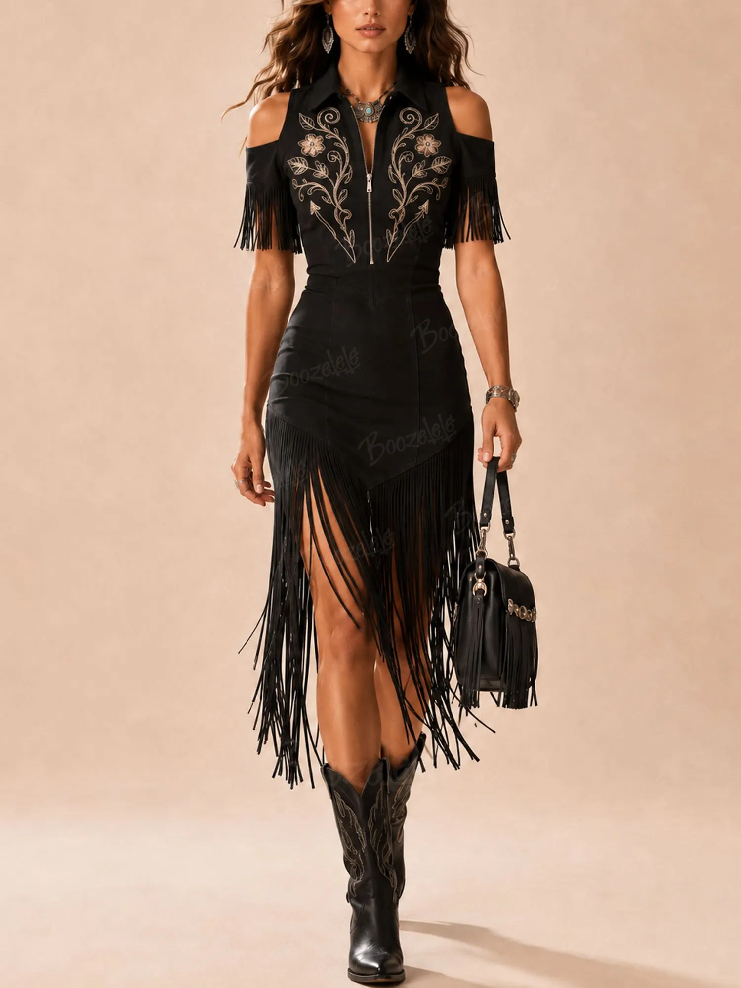 black western midi dress 2026 S/S Black Cold- Embroidery Fringe Dress