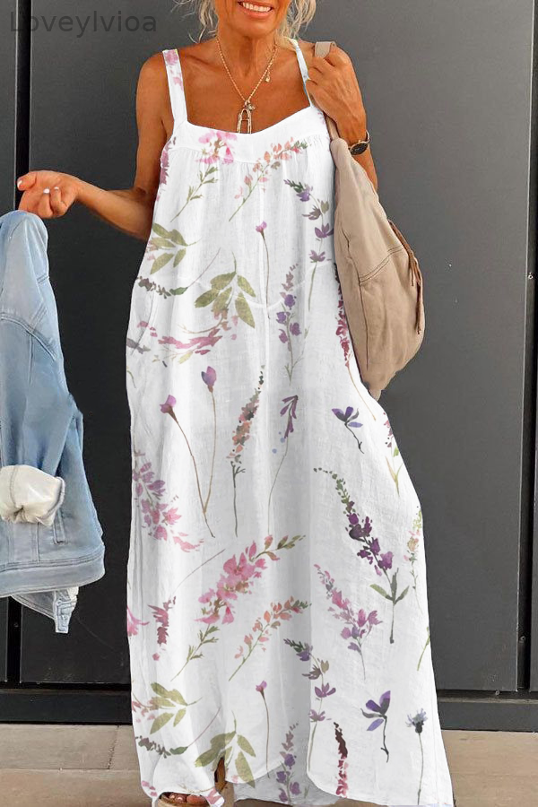Women's Lavender Large Size Loose Strap Printed Dress Long Skirt