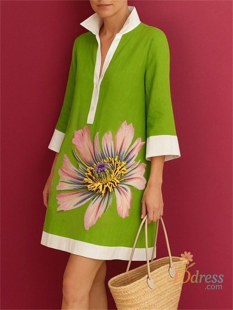 IO Dress UOOZEE Women's Vintage Elegant Flower Printed Evening Mini Dresses Loose Three-Quarter Sleeves H-line Lapel Shirts Dresses 2025