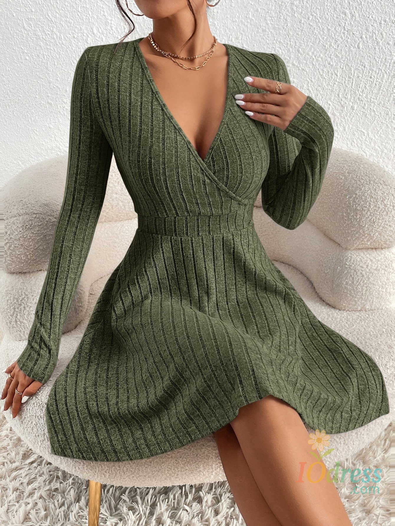 IO Dress New for autumn/Winter 2024 Women Knit Slim Sexy Bodycon Dress V-Neck Long Sleeve Dress Solid Casual Midi Sweater Dress