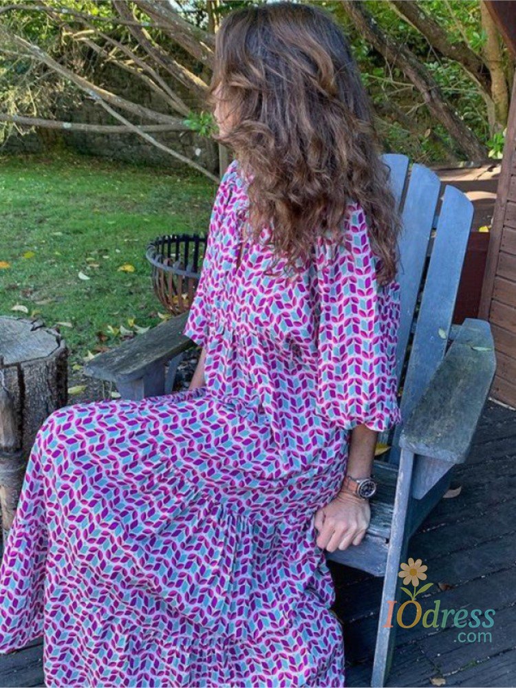 IO Dress Spring Autumn Printed 7point Sleeve Women's Long Dresses Fashion Simple Casual Loose Elegant Female Beach Vacation Holiday Dress