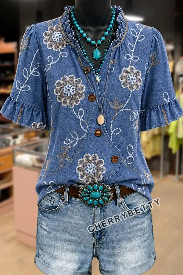 Chic Flower Embroidered V-Neck Ruffle Sleeve Blouse