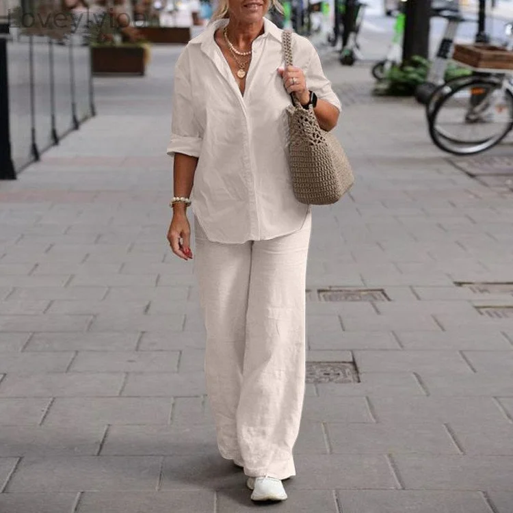 Fashion Plain Button Long Sleeve Two Piece Set