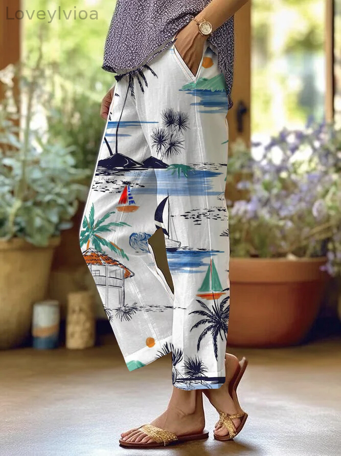 Women's Beach Vacation Hawaiian Style Printed Elastic Waist Straight Pants