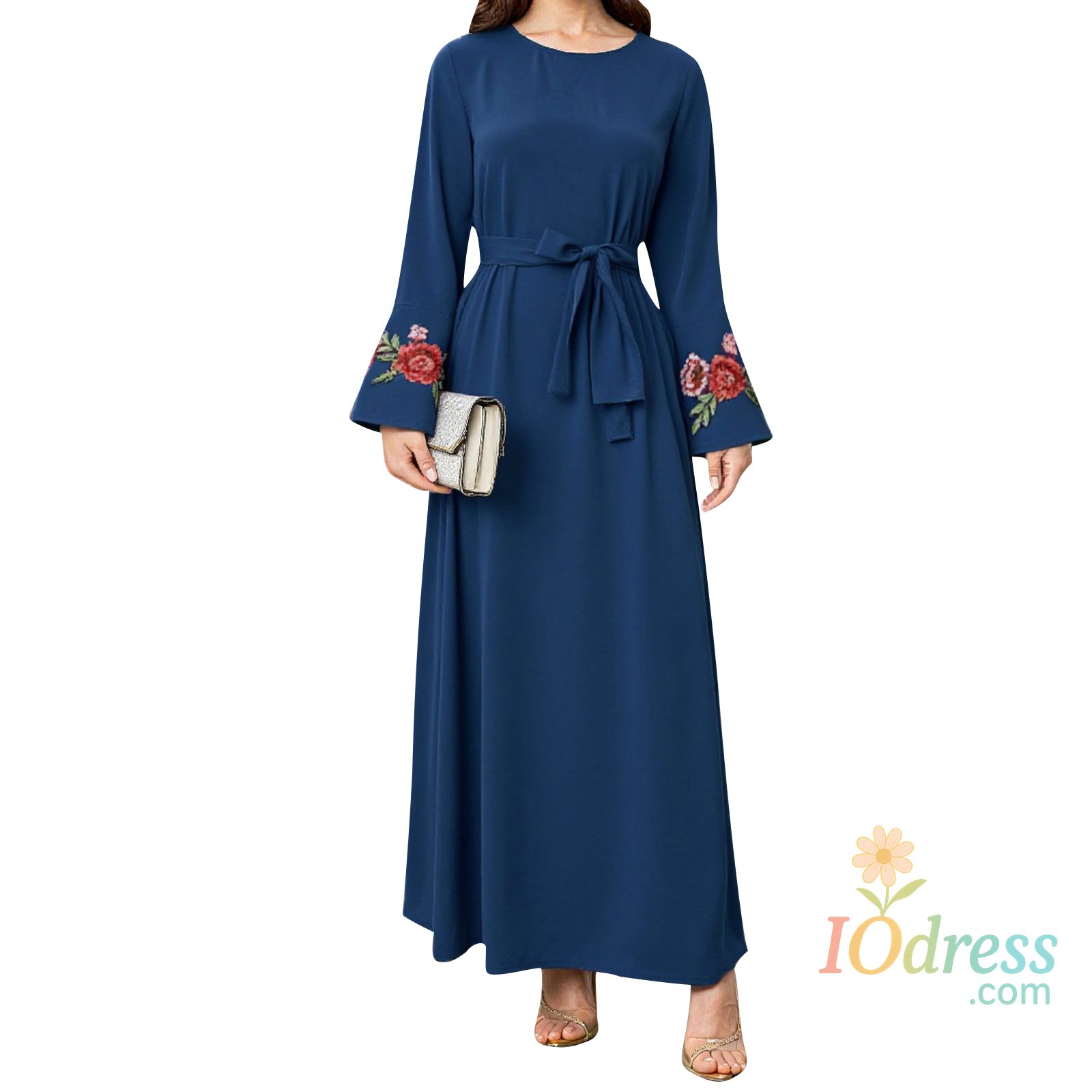 IO Dress Elegant Floral Patterned Abaya Dress with Belt and Flare Sleeves Round Neck Long Sleeve Robe for Women Perfect for Prayer and
