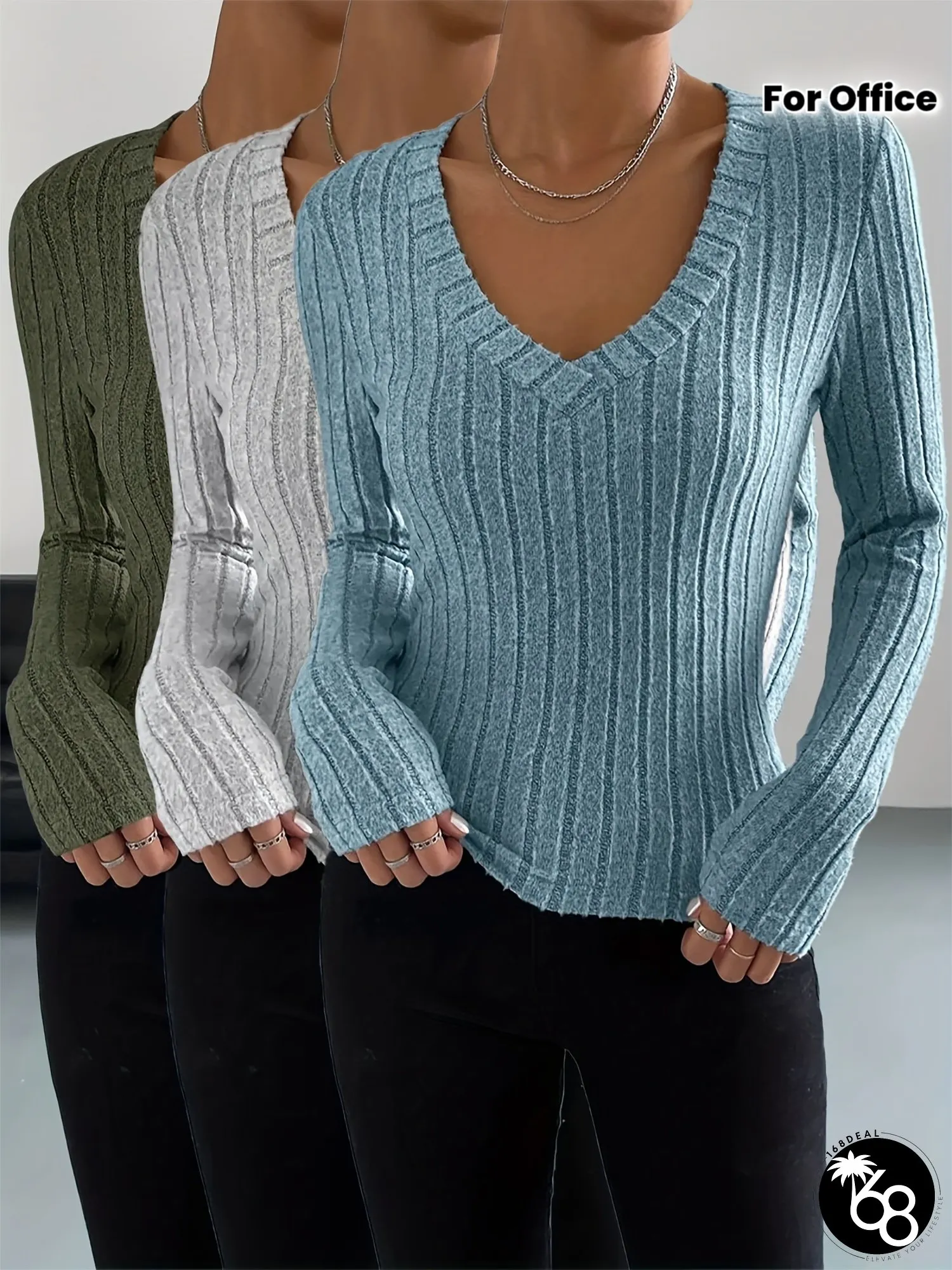 3pcs Womens Elegant V-Neck Long Sleeve T-Shirts Soft Ribbed Texture Solid Color Tops | 168DEAL