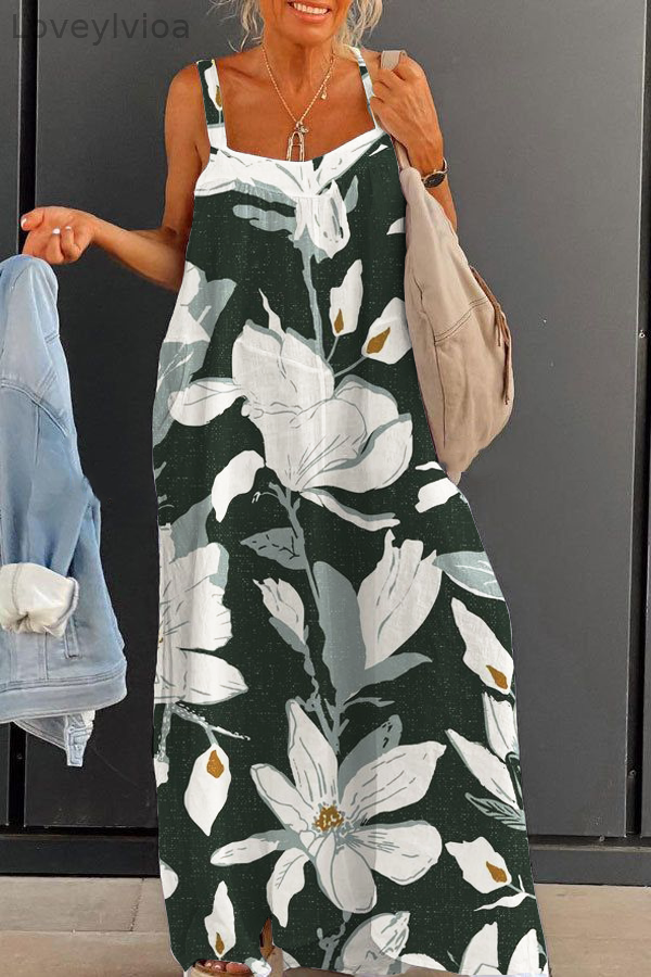 Women's Fashion Retro Black Floral Large Size Loose Strap Printed Dress Long Skirt