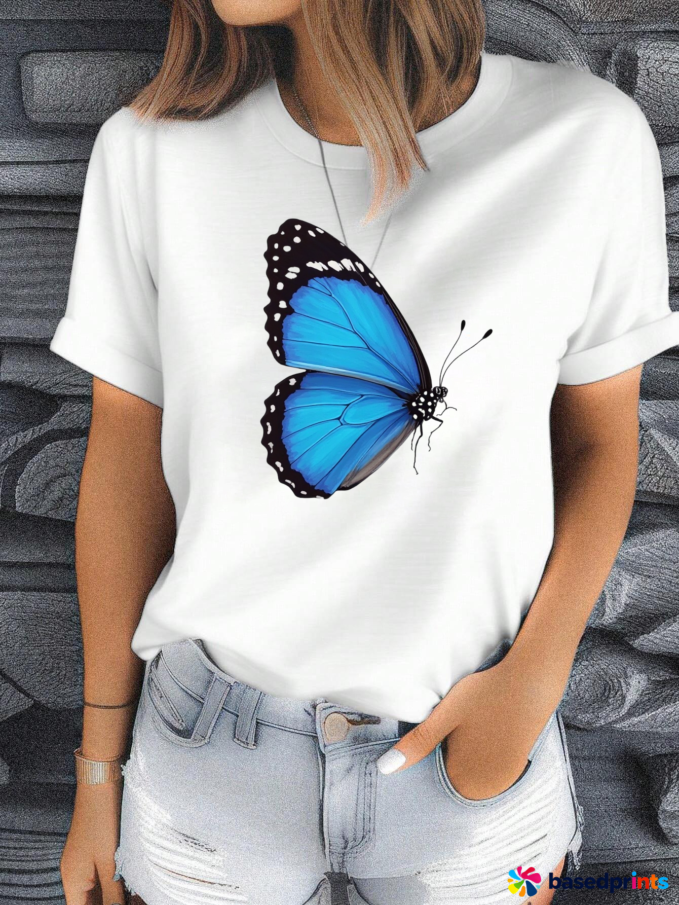Blue Butterfly Print T-Shirt Women Summer Casual Short Sleeve Tops Tees