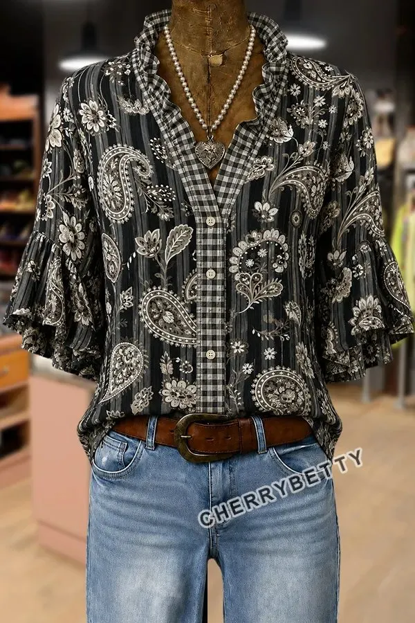 Vintage Paisley Print Gingham Ruffle Neck Top