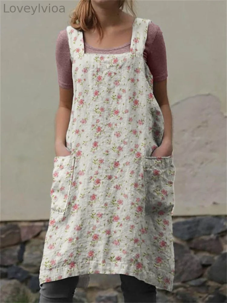Cottage Floral Patch Pockets Cross Back Apron