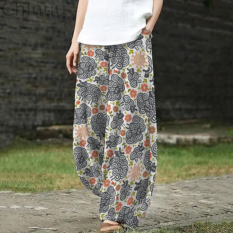 Casual Sheep Flower Art Print Loose Pants