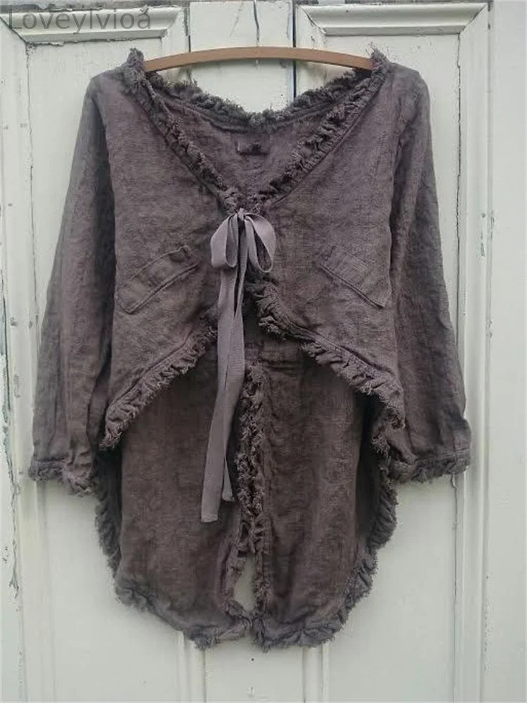 Vintage Ruffle Hem Tied Woven Top