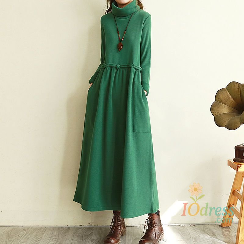 IO Dress Vintage Plus Fleece Autumn Winter Midi Dress Women Fashion Casual Turtleneck Over the Knee Solid Loose Temperament Long Dresses