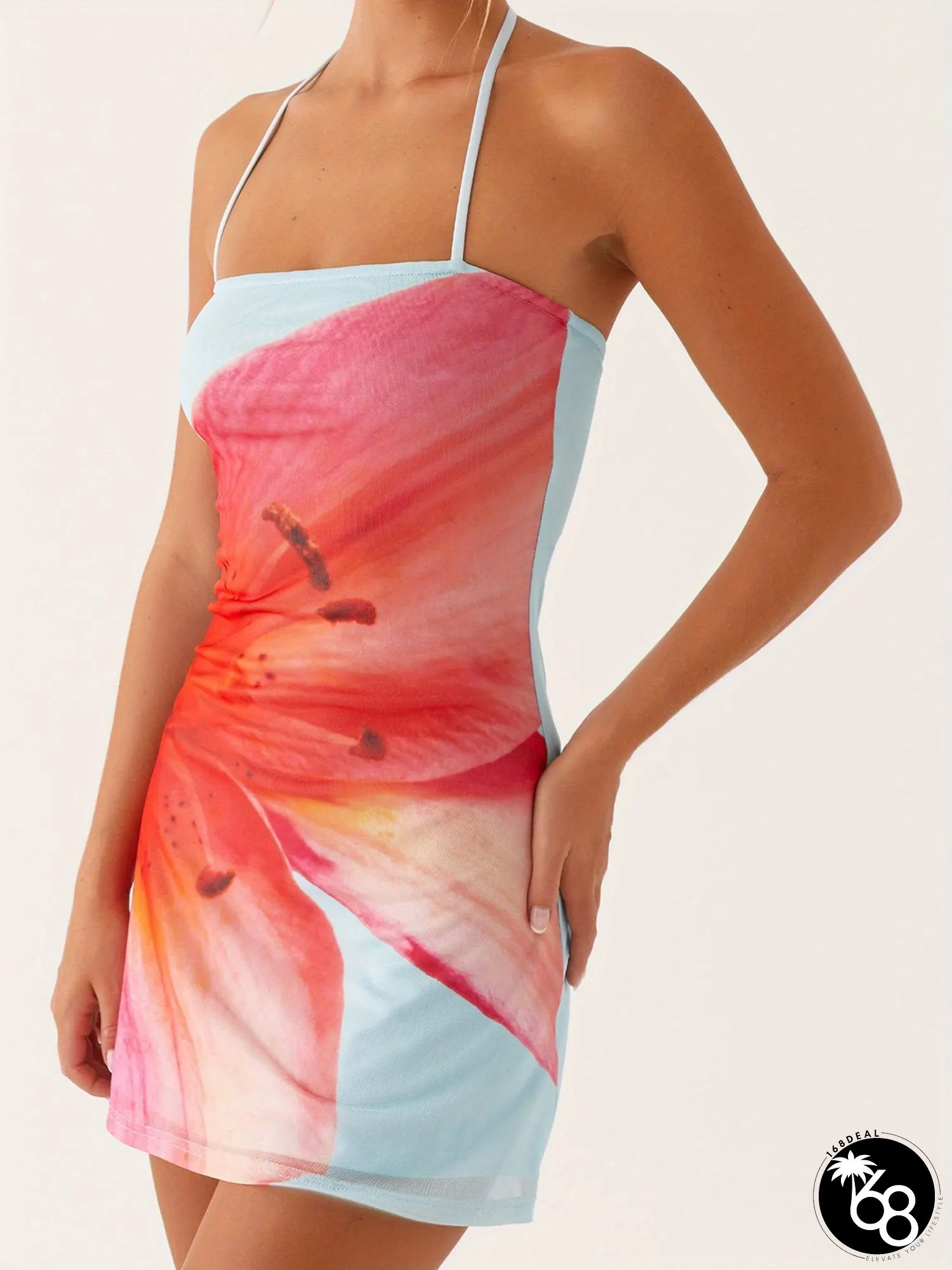 Women's Summer Halter Dress Flower Print Backless Slim Mini Bodycon Dress For Party | 168DEAL