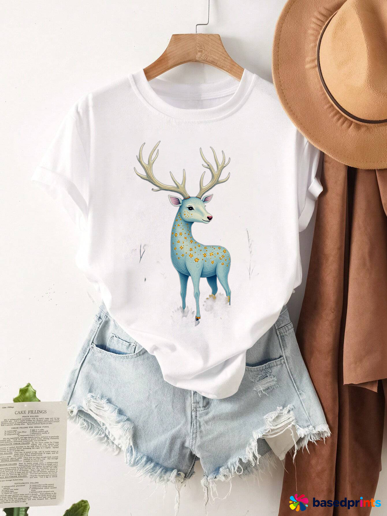 White Deer Print T-Shirt Women Summer Short Sleeve Casual Tee Tops