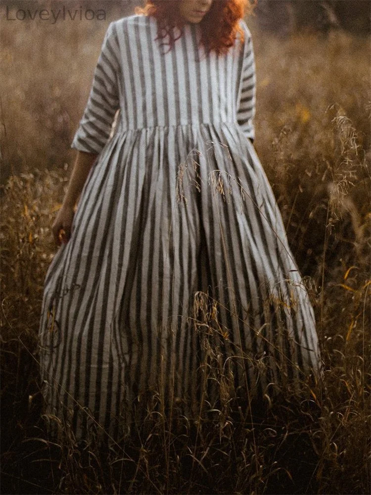 Vintage Striped Oversize Pleated Maxi Dress