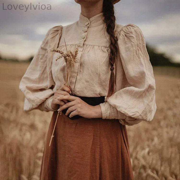 Vintage Button Puff Sleeve Comfy Long Sleeve Shirt